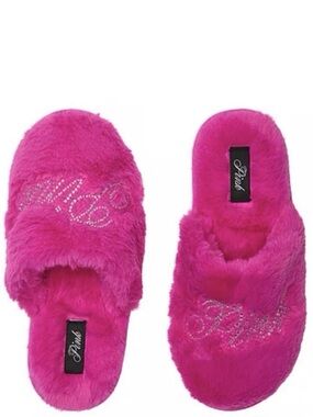 New V.S. PINK Fuchsia Bling Bedroom Faux Fur Slippers S
